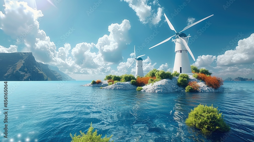 Poster windmill by sea, different types of clean energy. generative ai.