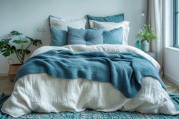 A large landscape of a minimal bedroom, which is decorated with several styles of furniture, including a white pillow and blanket, provides a comfortable feeling in the morning.