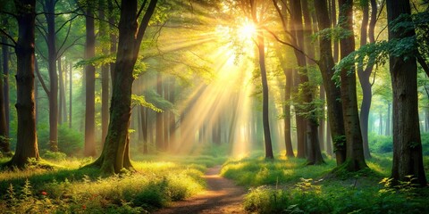Dreamy forest scene with sunlight in slow motion, dream, forest, sun, shine, tranquil, peaceful, serene, nature, trees