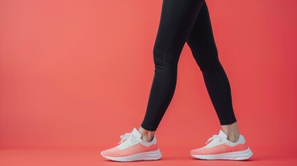 Woman s legs in black leggings against pink backdrop