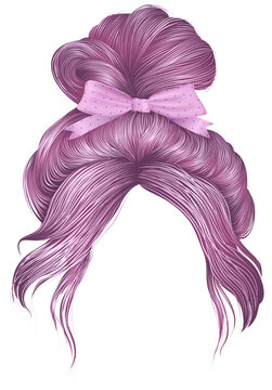 bun  hairs with bow pink colors . women fashion beauty style . 

