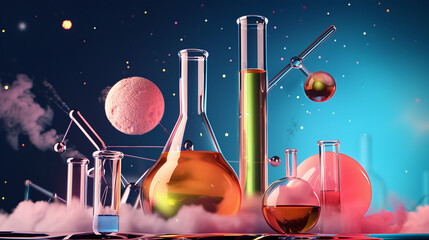 variety of glass lab tubes with liquids of different colors and composition, smoke around, fun chemistry experiment