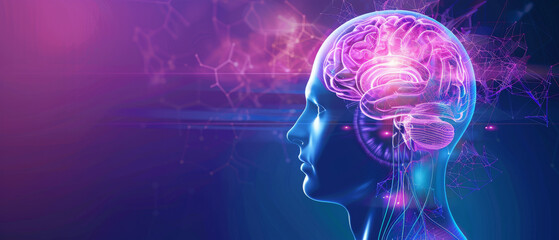 A side profile digital art of a human head with a vibrant, illuminated brain, symbolizing profound mental processes and neurological insights against a purple-hued background.