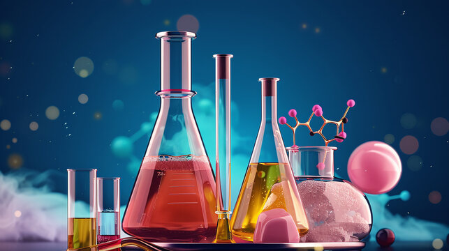 variety of glass lab tubes with liquids of different colors and composition, smoke around, fun chemistry experiment