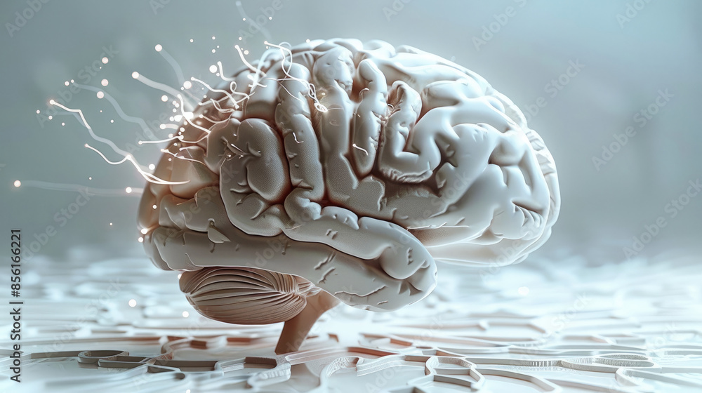 Aufkleber know-how on artificial intelligence, compact, a artificial brain in the centre, light background. ge