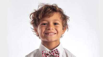 A dapper young boy in a bowtie, showcasing sophistication and poise beyond his years. isolated white background.