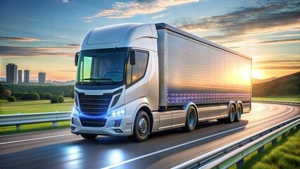 Autonomous Electric Van semi truck car driving on a highway with technology assistant tracking information, showing details.