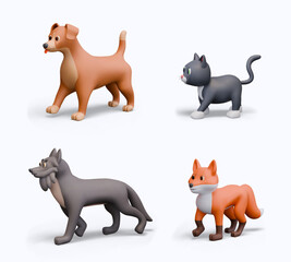 Set of domestic and wild animals in realistic style. Cat, dog, wolf, fox