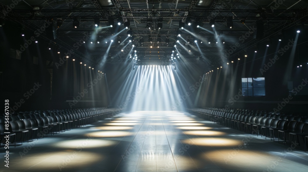 Poster a long runway with rows of seats on either side, bathed in the glow of spotlights. the stage is set 