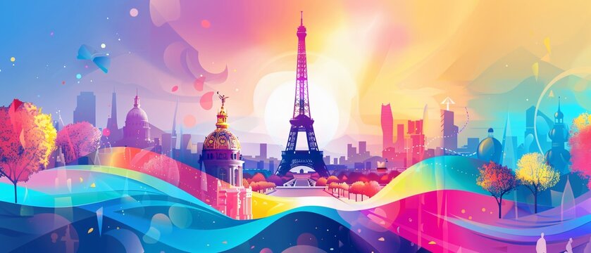 Vibrant Parisian Landmark eiffel tower Art Colorful Illustration with Fluid Design and Flowing Colors at Olympic Event