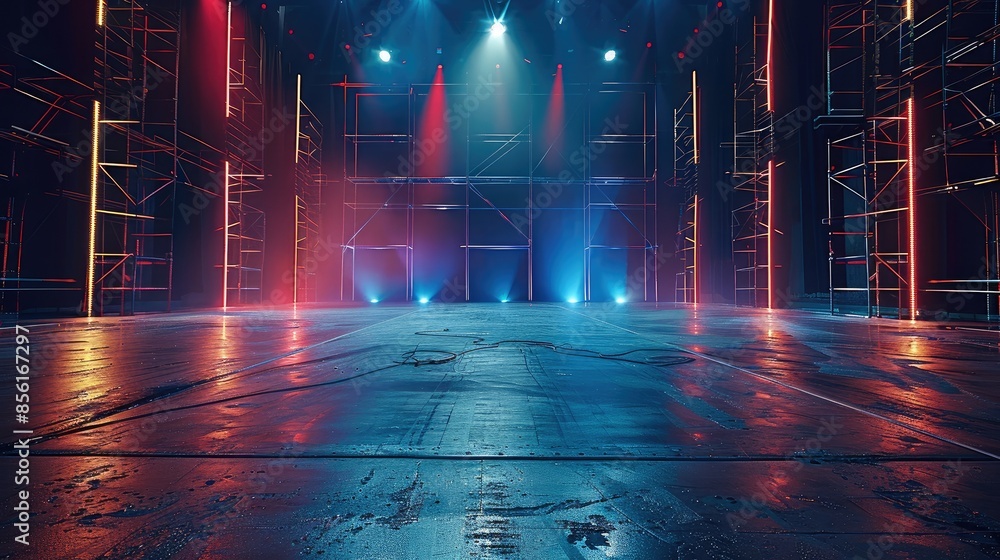Aufkleber A huge dark background with concrete floor and some lights from backside may be some blue light and few red lights, some blue colored scaffolding seen in the darkness. Generative AI.