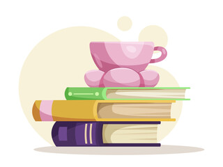 Stack of colorful books with a pink teacup on top, flat graphic style, white background. Concept of reading and relaxation. Vector illustration