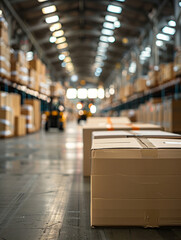 Cardboard boxes in a large, well-lit warehouse.