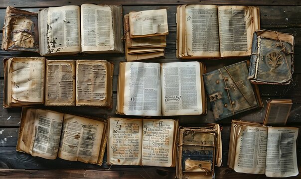 A collection of opened Bibles and Tanakhs, each with aged, illuminated script, displayed on rustic wooden surfaces