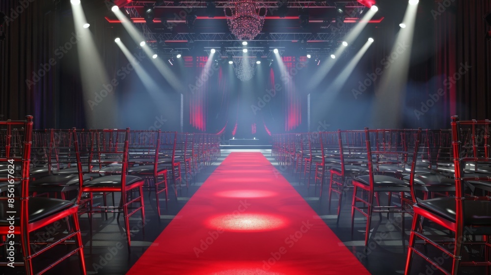 Poster a red carpet runway is set up in a large event space, with rows of chairs lining the sides. spotligh