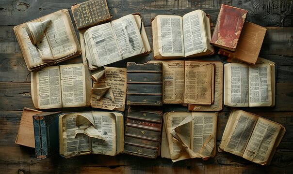 A collection of opened Bibles and Tanakhs, each with aged, illuminated script, displayed on rustic wooden surfaces