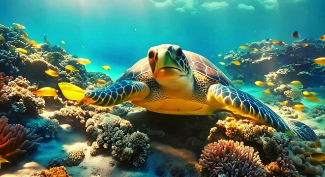 Turtle and coral reef in the sea