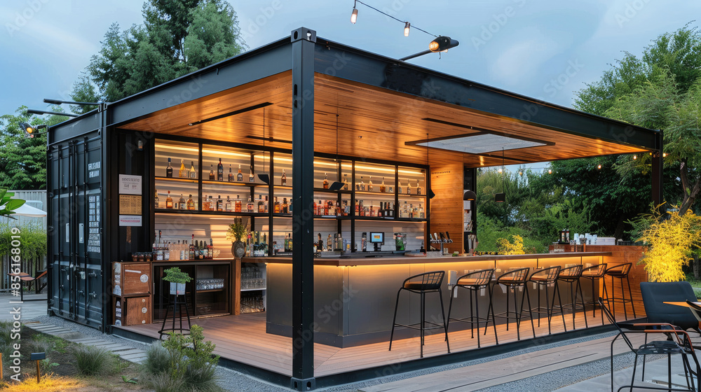 Poster a modern, stylish outdoor bar constructed from a modified shipping container. the bar features a sle