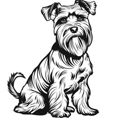 Miniature Schnauzer Therapy Dog Vector Art in Plateau Setting for Coloring Book - Black and White Line Art Illustration