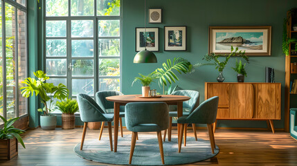 Mint color chairs at round wooden dining table in room with sofa and cabinet near green wall. 