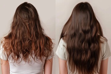 Women's hair before and after a styling and straightening session