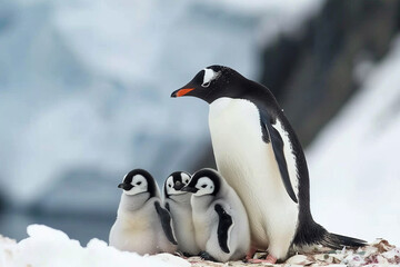 Obraz premium A mother penguin is holding her two babies. The scene is peaceful and heartwarming. The mother penguin is protecting her young, and they are all huddled together on a rock. Concept of family and love