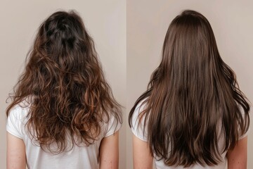 Women's curly hair before and after straightening