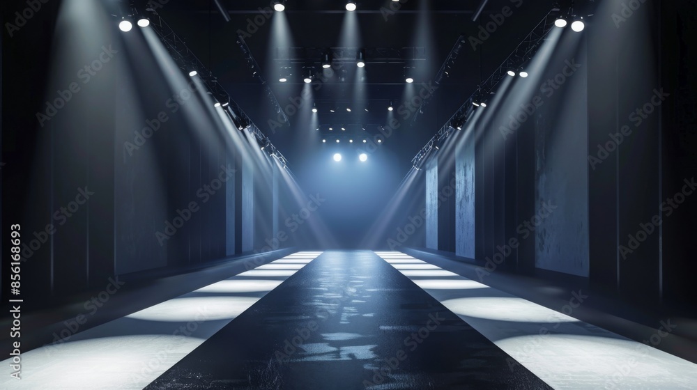 Poster an empty runway with stage lights shining down on a dark floor. the runway is surrounded by dark wal