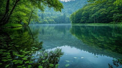 Lake in the forest, summer landscape, background, banner.