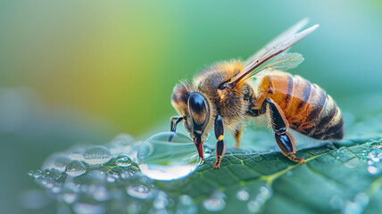 Bee drinking water droplets on a green leaf
