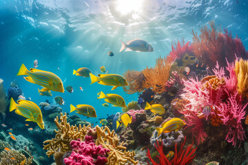 Obraz premium A school of fish swims in a coral reef. The fish are orange and white, and they are surrounded by colorful coral