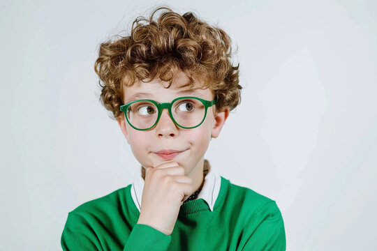 portrait of a cute nerd genius little boy on white background
