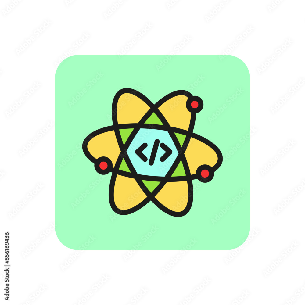 Poster atom with html code line icon. online research, data science, scientific website. app development co