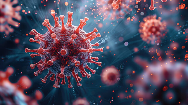 A close-up of a red virus particle with a halo effect, surrounded by a blue background with red and blue dots, creating a sense of motion and isolation. Generative AI.