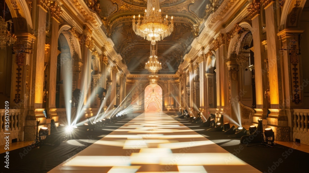 Aufkleber a long white runway is set up in a grand hall with golden columns and chandeliers. the runway is ill