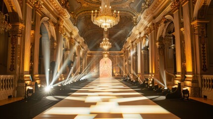 Obraz premium A long white runway is set up in a grand hall with golden columns and chandeliers. The runway is illuminated by spotlights, creating a dramatic and elegant atmosphere.