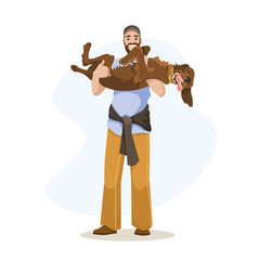 Man smiling while holding a happy dog in his arms, on a light background. Concept of friendship and happiness. Vector illustration