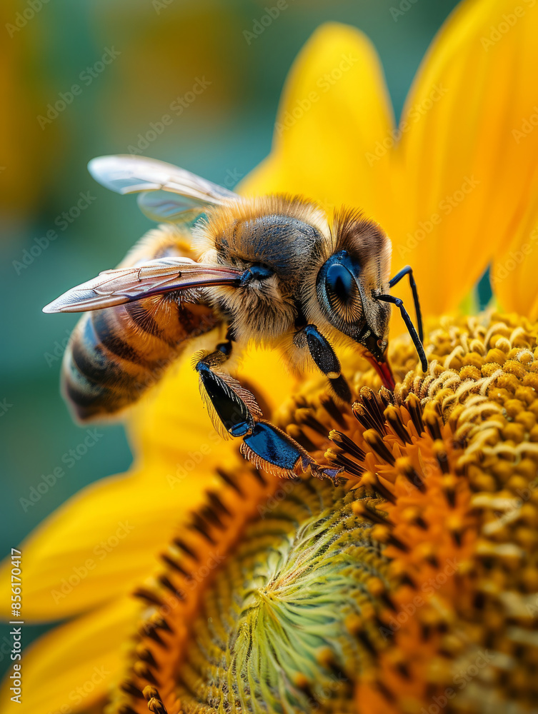 Wall mural Closeup of a bee pollinating a sunflower.