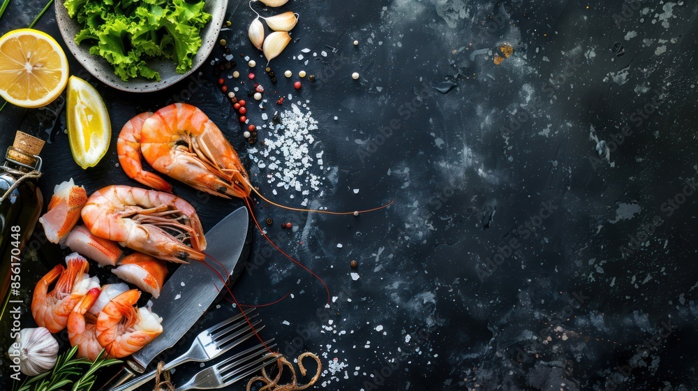 Wall mural Seafood Delicacy: Shrimps with Spices and Herbs