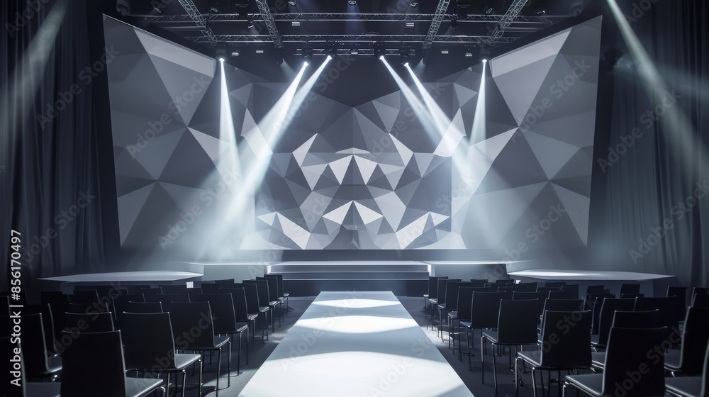 Poster an empty stage with a geometric backdrop is illuminated by bright spotlights. the stage is set up wi