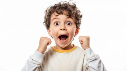 An expressive kid with raised eyebrows, conveying excitement and anticipation. isolated white background