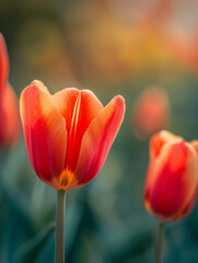 Fototapeta premium Red and orange tulips in close-up, with a blurred background.