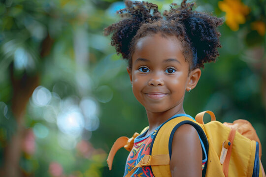 A happy little African American girl with a short haircut and a backpack walking to school. Generation AI, education, and diversity concept.