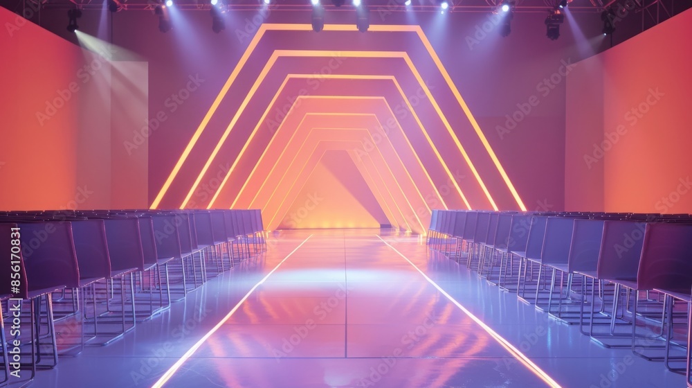 Aufkleber a long, empty runway stage with rows of chairs on either side, illuminated by bright lights and a ge