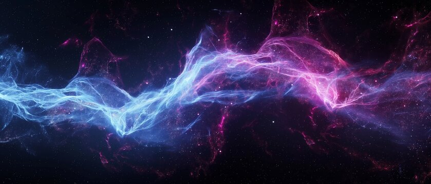 A long blue and pink wave of light in space. Digital particles wave and light abstract background