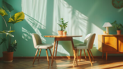 Obraz premium Mint color chairs at round wooden dining table in room with sofa and cabinet near green wall. 