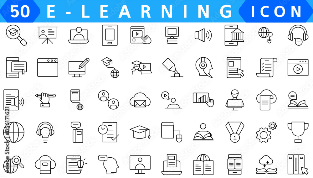 Poster e learning outline vector icons isolated on white. e learning icon set for web and ui design, mobile
