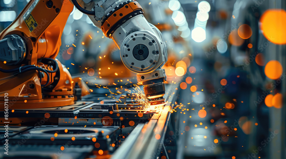 Aufkleber automaton robot arms working in industrial factory making car parts. generative ai.