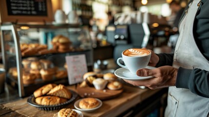 A barista’s hands serving a cup of coffee across a counter, with pastries and a menu board in the background, their face out of frame