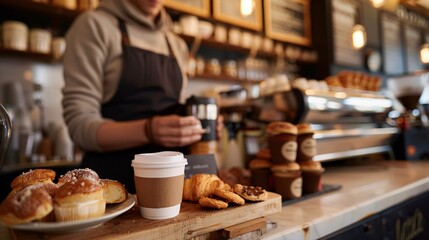 A barista’s hands serving a cup of coffee across a counter, with pastries and a menu board in the background, their face out of frame